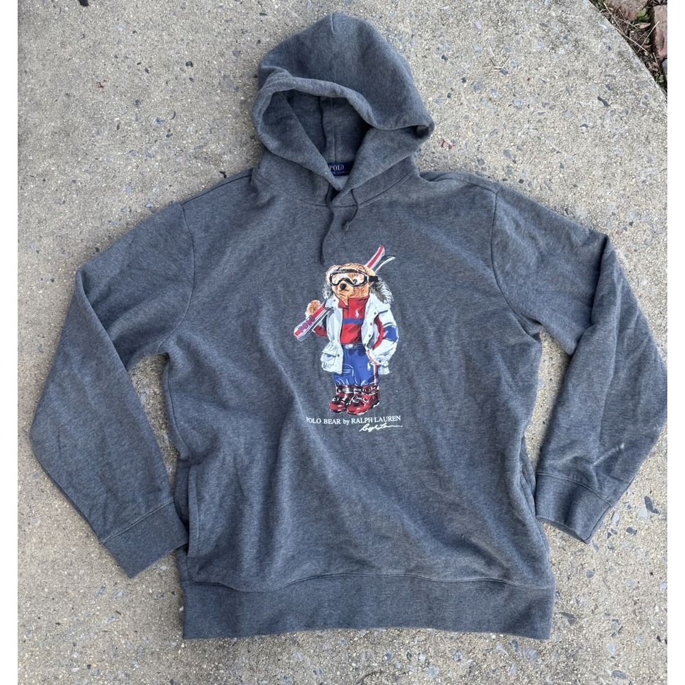 VINTAGE RALPH LAUREN POLO BEAR SKI GRAY HOODIE SWEATSHIRT SZ XL RARE